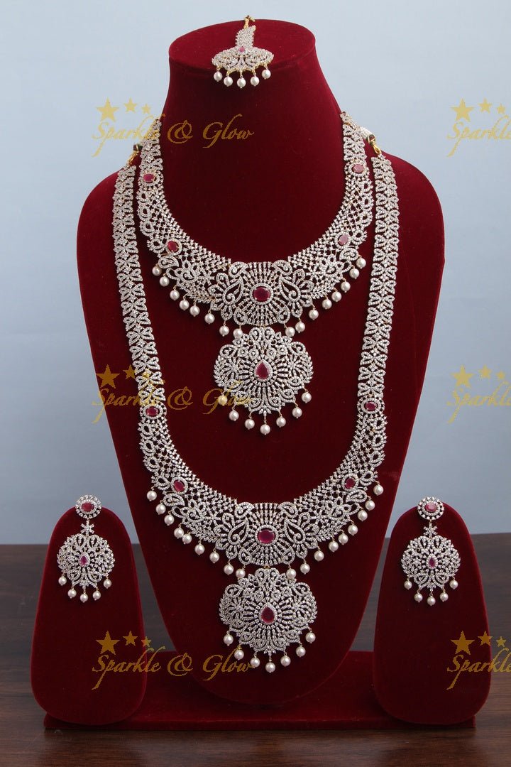 GJ Polish statement semi Bridal set with long haram and short necklace and tikka - Green - Sparkle and Glow - Green - Back Thread