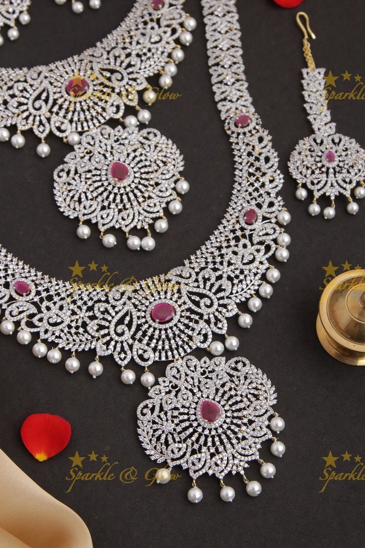 GJ Polish statement semi Bridal set with long haram and short necklace and tikka - Green - Sparkle and Glow - Green - Back Thread