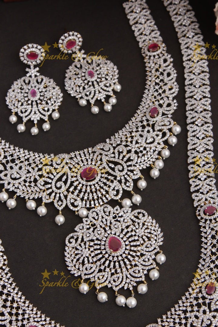 GJ Polish statement semi Bridal set with long haram and short necklace and tikka - Green - Sparkle and Glow - Green - Back Thread