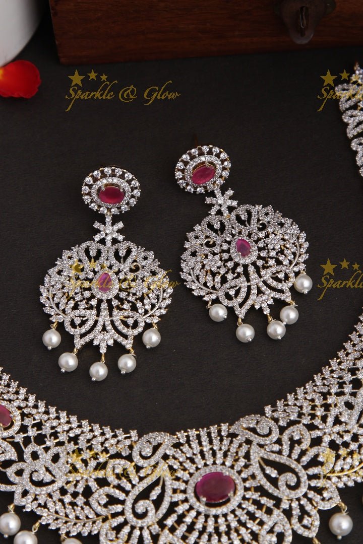 GJ Polish statement semi Bridal set with long haram and short necklace and tikka - Green - Sparkle and Glow - Pink - Back Thread