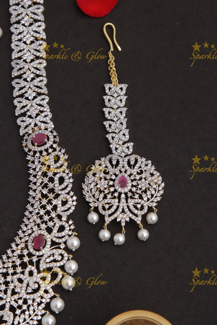 GJ Polish statement semi Bridal set with long haram and short necklace and tikka - Green - Sparkle and Glow - Green - Back Thread