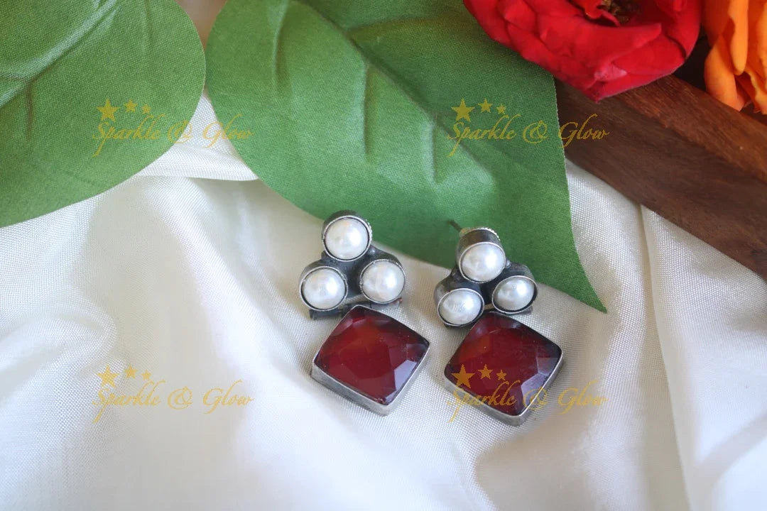 Maroon Pearl Stone Stud Earrings