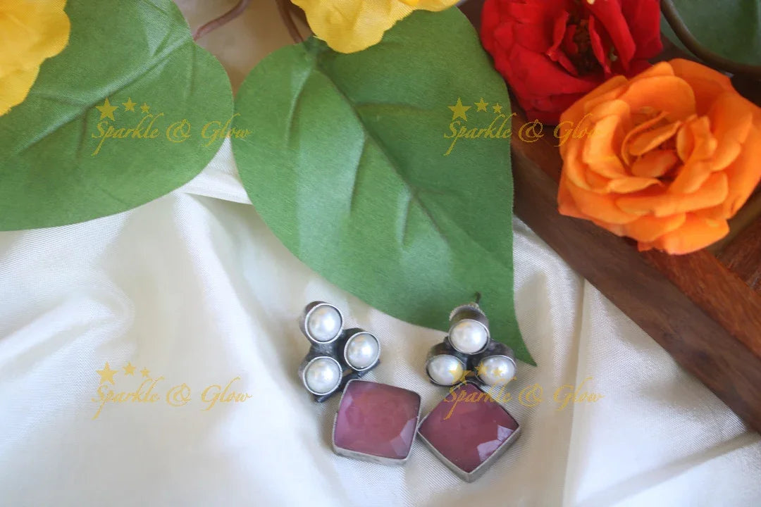 Maroon Pearl Stone Stud Earrings