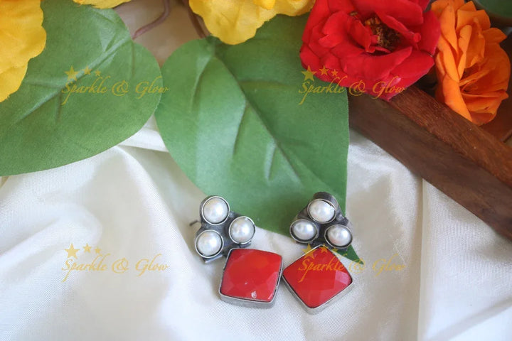 Maroon Pearl Stone Stud Earrings