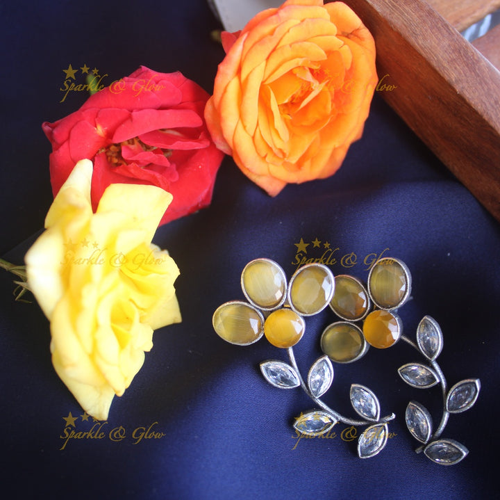 Floral Leaf stone earrings-Yellow