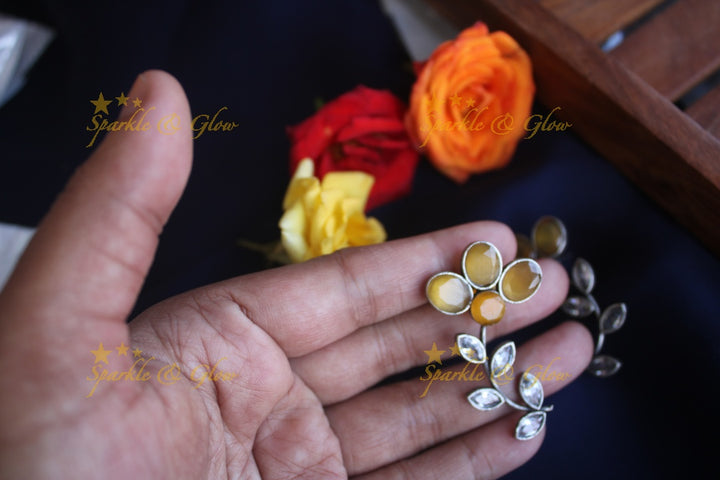 Floral Leaf stone earrings-Yellow