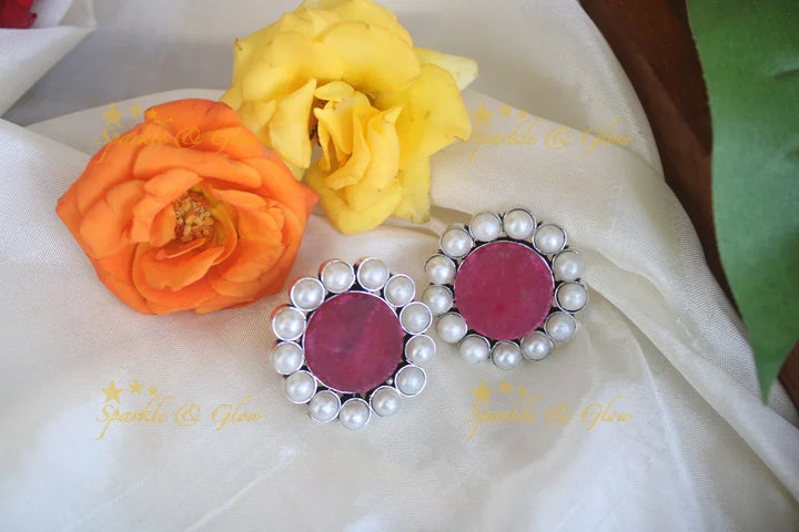 Pink Stone & Pearl Stud Earrings