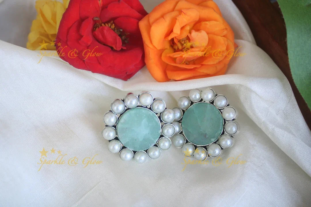 Pink Stone & Pearl Stud Earrings