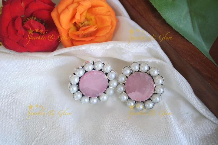 Pink Stone & Pearl Stud Earrings