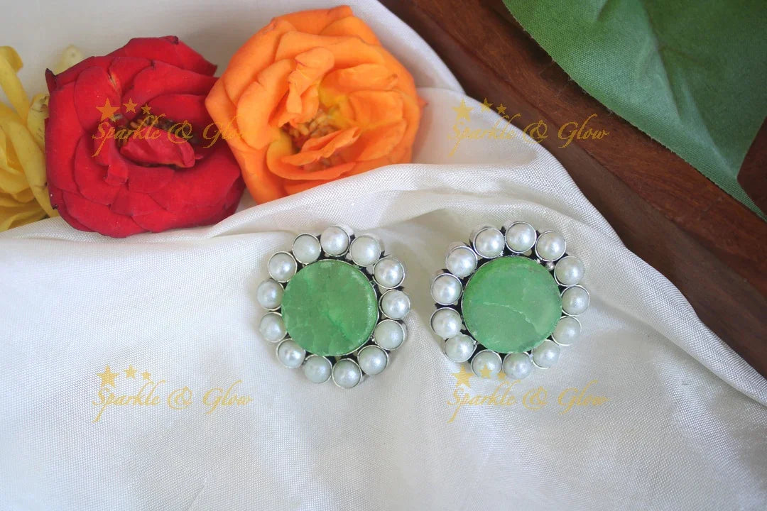 Pink Stone & Pearl Stud Earrings