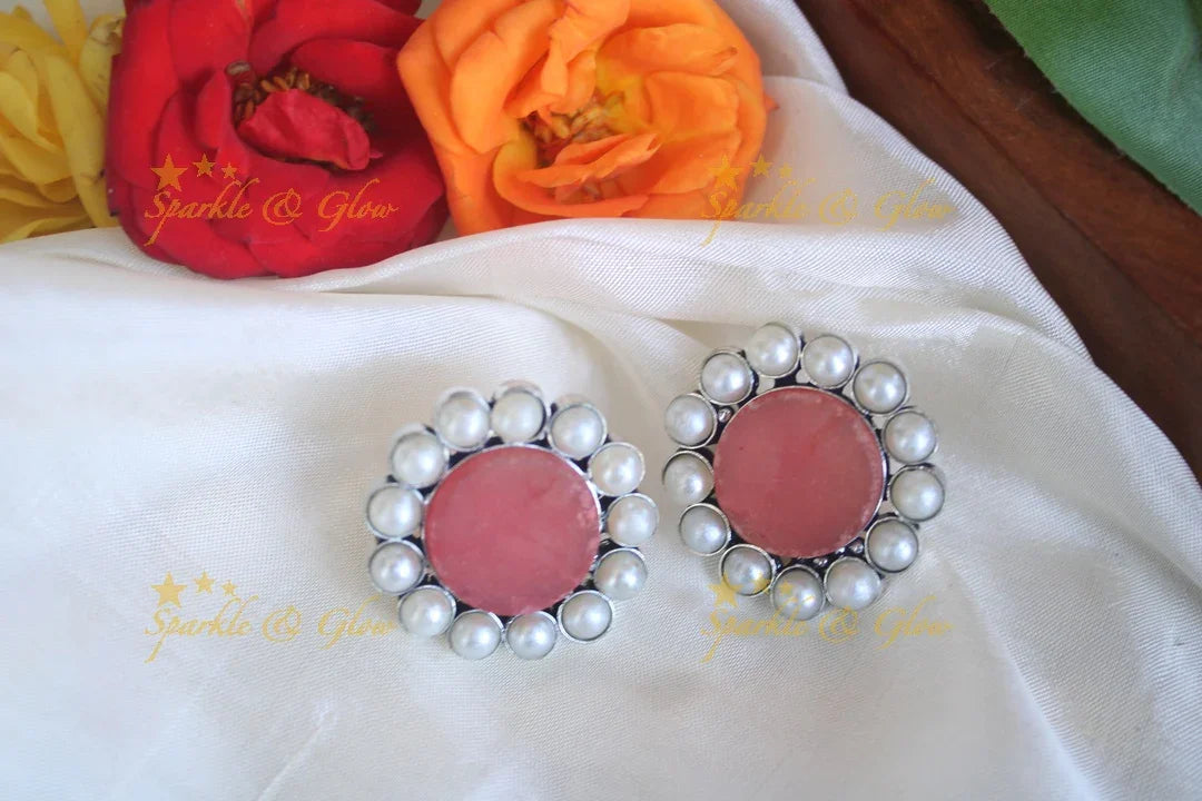 Pink Stone & Pearl Stud Earrings