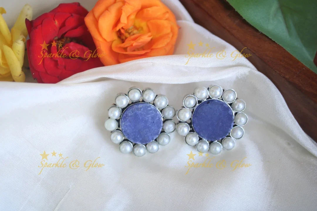 Pink Stone & Pearl Stud Earrings