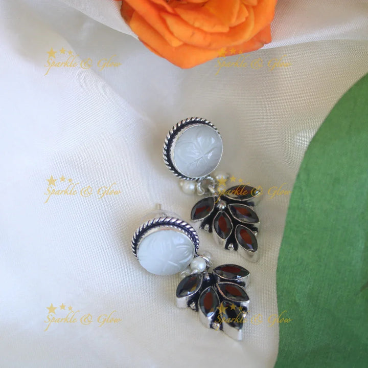 Maroon Leaf White Stoned Dangle Earrings