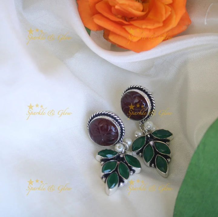 Maroon Leaf White Stoned Dangle Earrings