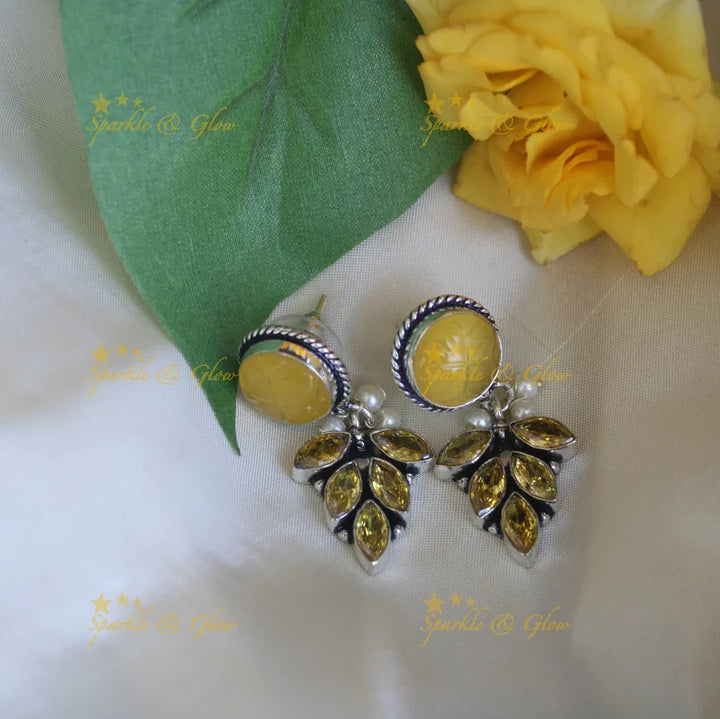 Maroon Leaf White Stoned Dangle Earrings