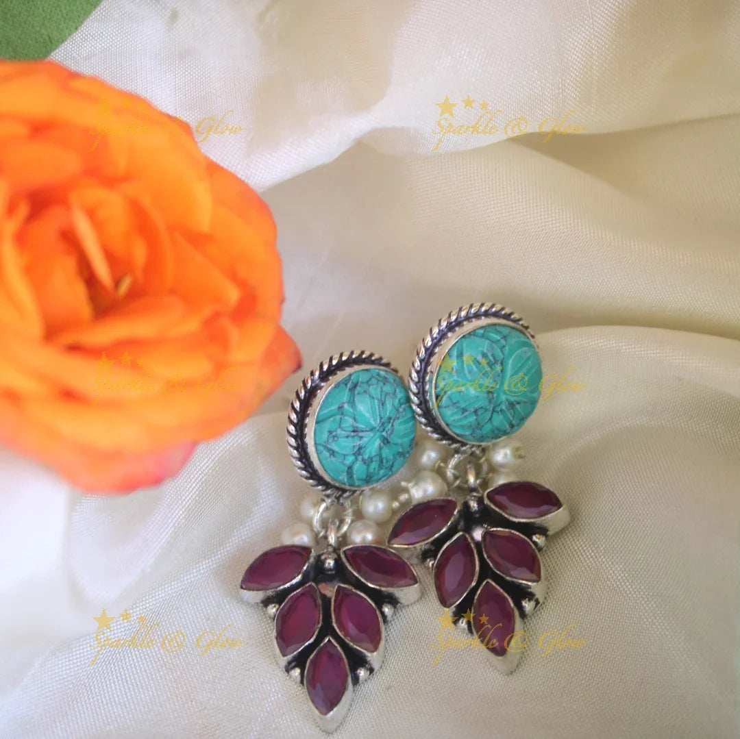 Maroon Leaf White Stoned Dangle Earrings