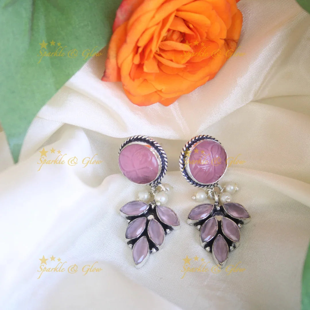 Maroon Leaf White Stoned Dangle Earrings