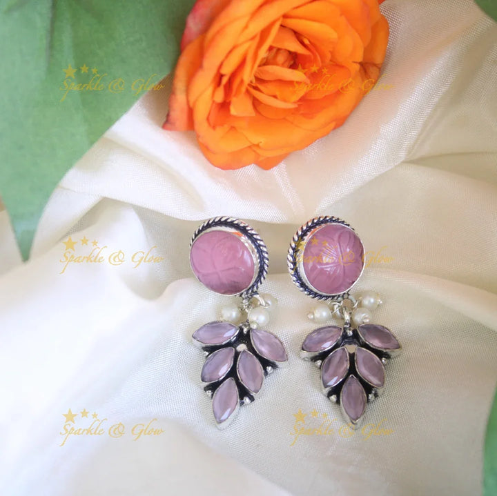Maroon Leaf White Stoned Dangle Earrings