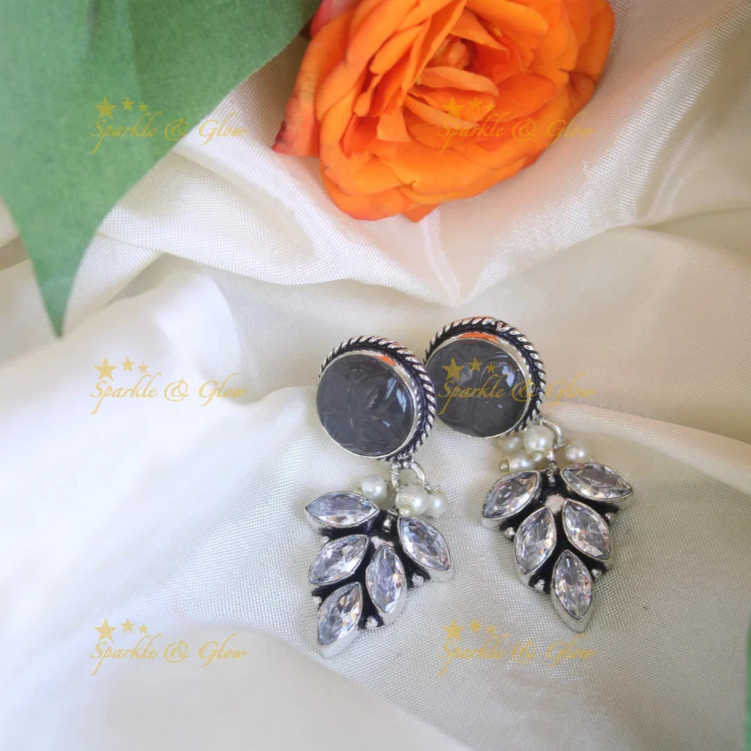 Maroon Leaf White Stoned Dangle Earrings