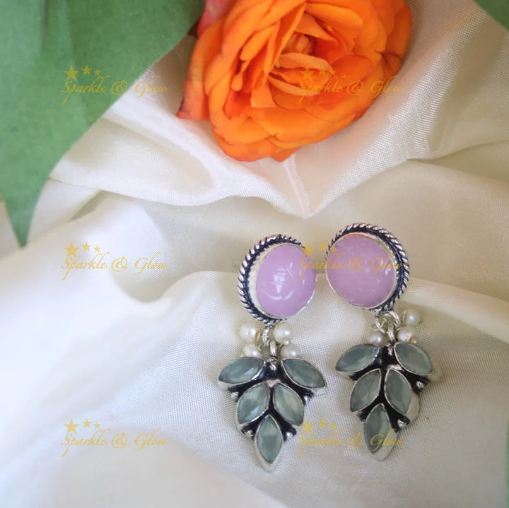Maroon Leaf White Stoned Dangle Earrings
