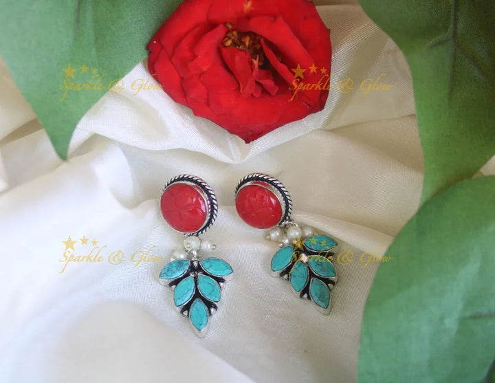 Maroon Leaf White Stoned Dangle Earrings