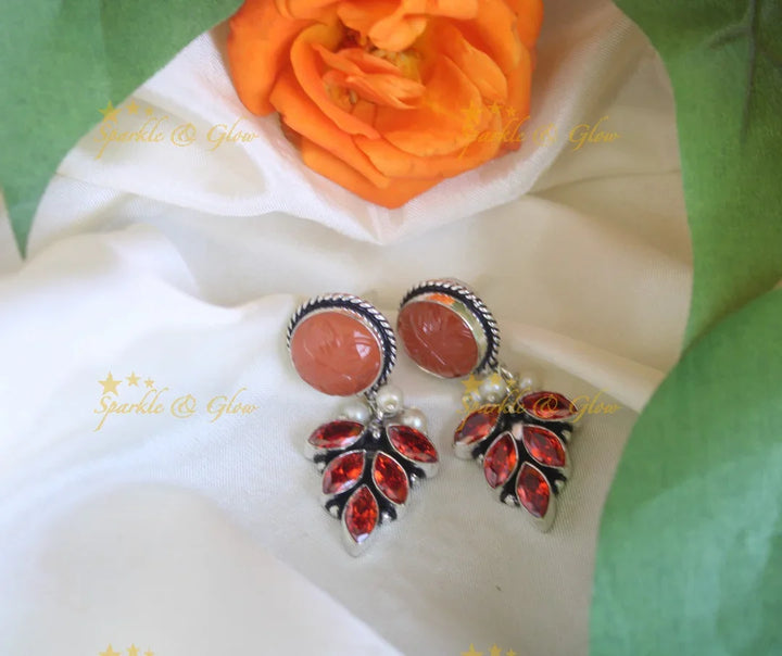 Maroon Leaf White Stoned Dangle Earrings