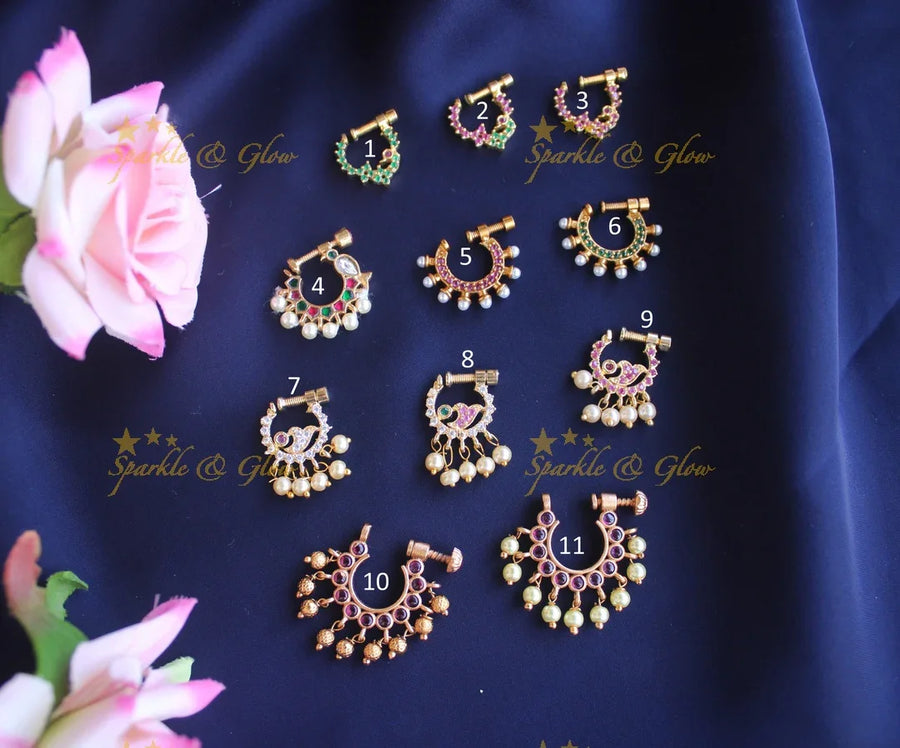 Gold polished AD stones peacock style screw nose pin - Pink - No 2 - Sparkle and Glow