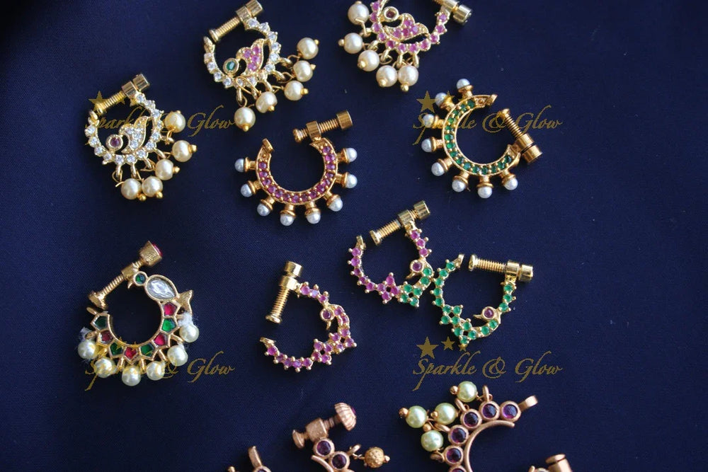 Gold polished AD stones peacock style screw nose pin - Pink - No 2 - Sparkle and Glow