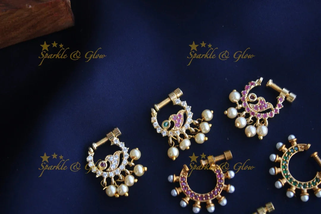 Gold polished AD stones peacock style screw nose pin - Pink - No 2 - Sparkle and Glow