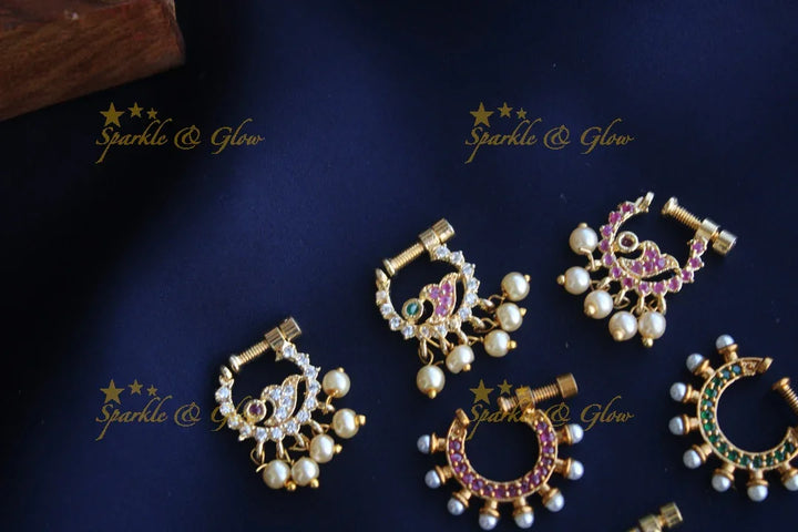 Gold polished AD stones peacock style screw nose pin - Pink - No 2 - Sparkle and Glow