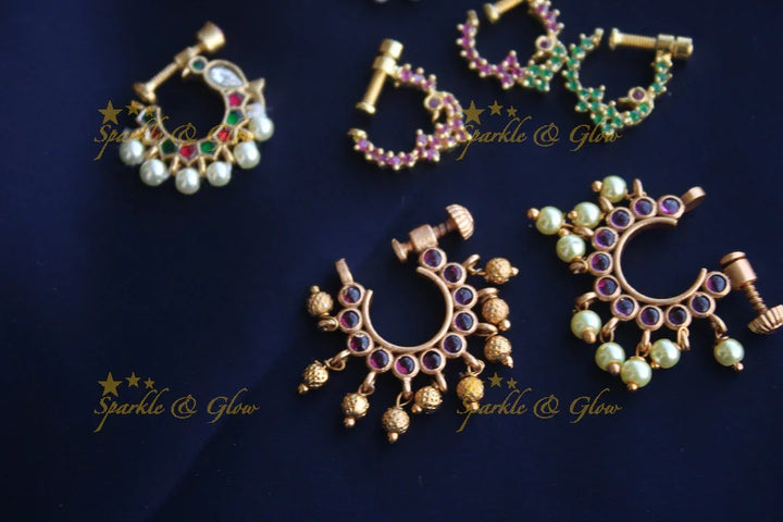 Gold polished AD stones peacock style screw nose pin - Pink - No 2 - Sparkle and Glow