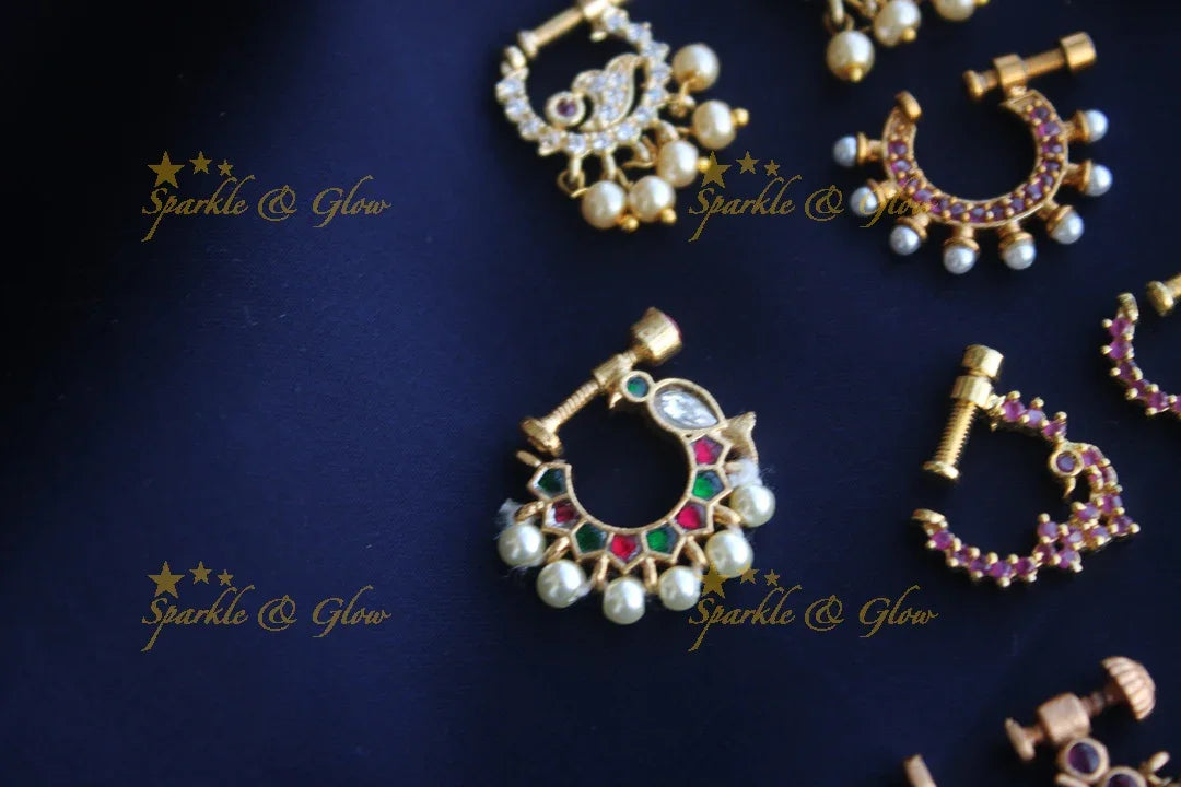 Gold polished AD stones peacock style screw nose pin - Pink - No 2 - Sparkle and Glow