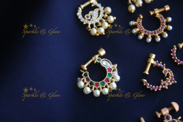 Gold polished AD stones peacock style screw nose pin - Pink - No 2 - Sparkle and Glow