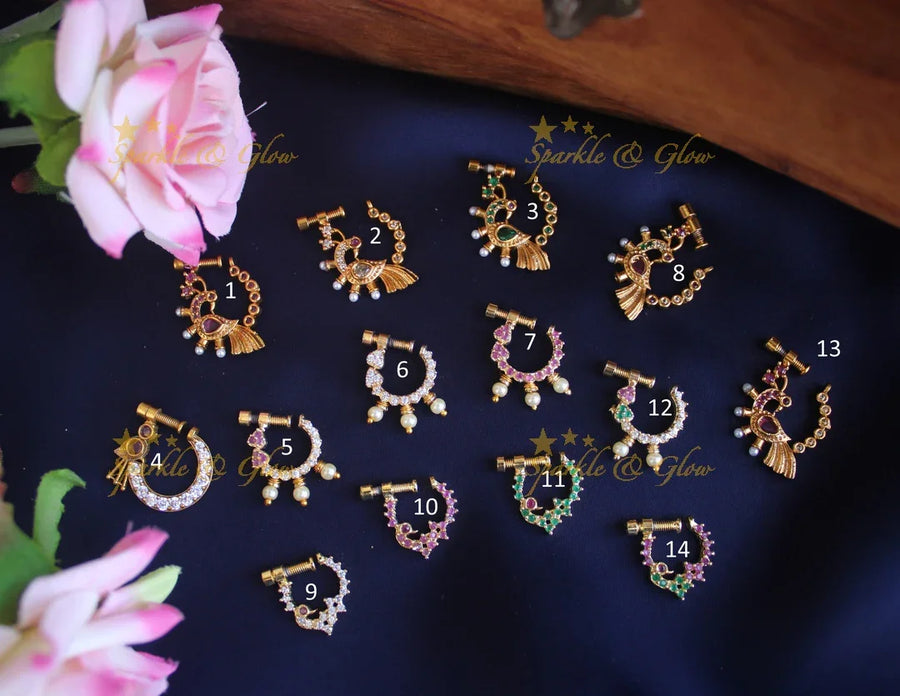 Gold polished AD stones peacock style screw nose pin - Sparkle and Glow