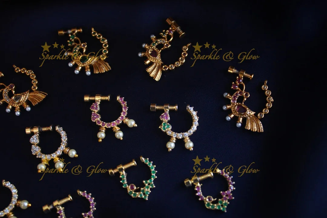 Gold polished AD stones peacock style screw nose pin - Sparkle and Glow