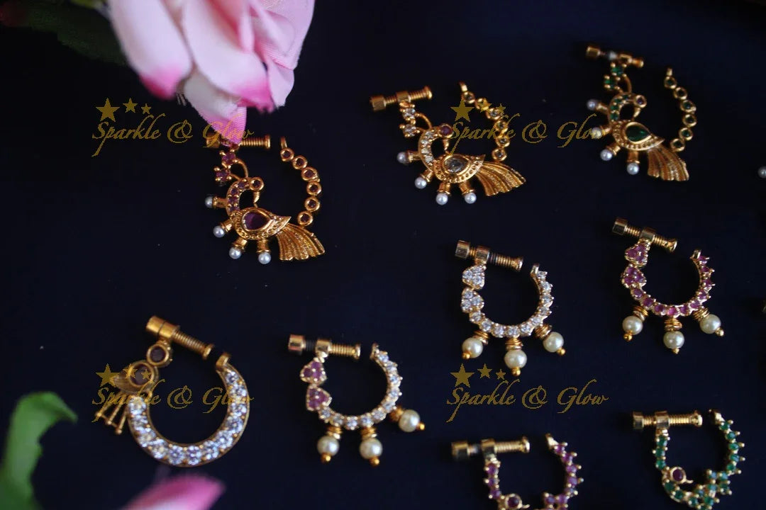 Gold polished AD stones peacock style screw nose pin - Sparkle and Glow