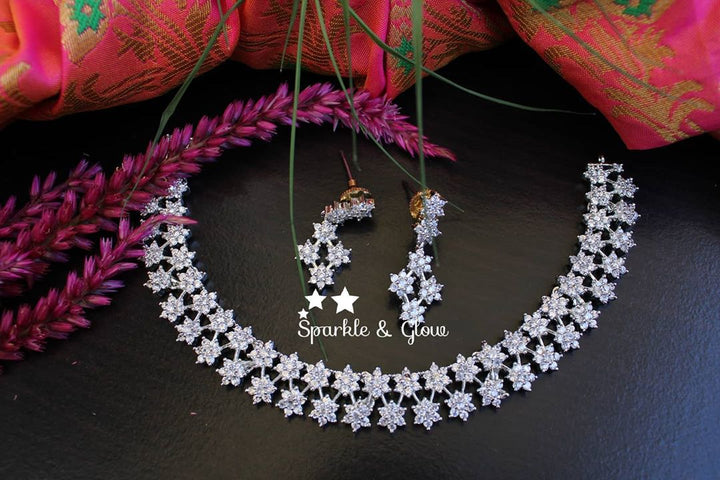 Two layer AD stones star gold necklace - white Multi - Sparkle and Glow - Silver - Back Thread