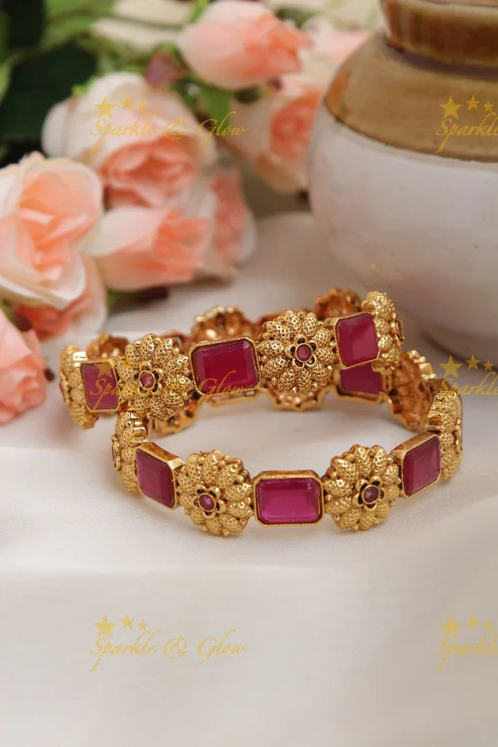 Gold alike floral Kemp Bangles a pair - Sparkle and Glow