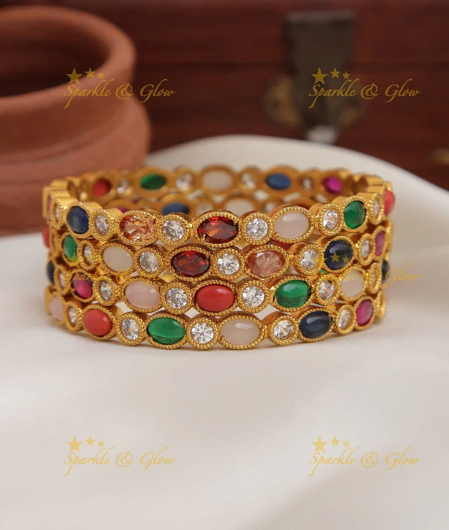Premium Matte Navarathna Bangles set of four - Sparkle and Glow