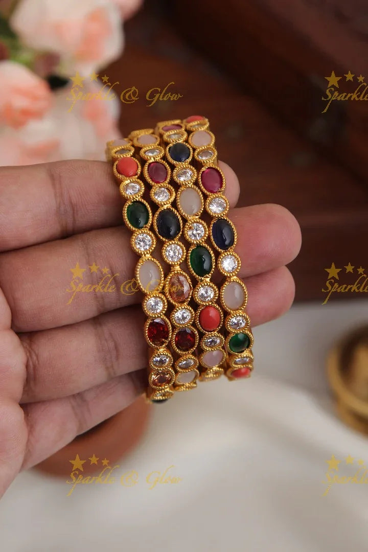 Premium Matte Navarathna Bangles set of four - Sparkle and Glow