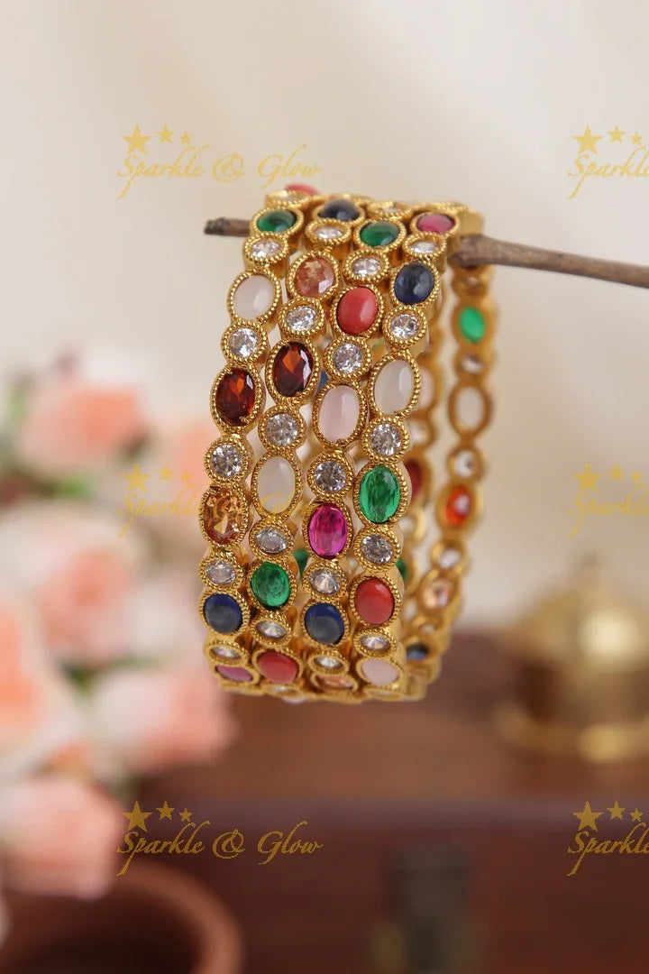 Premium Matte Navarathna Bangles set of four - Sparkle and Glow