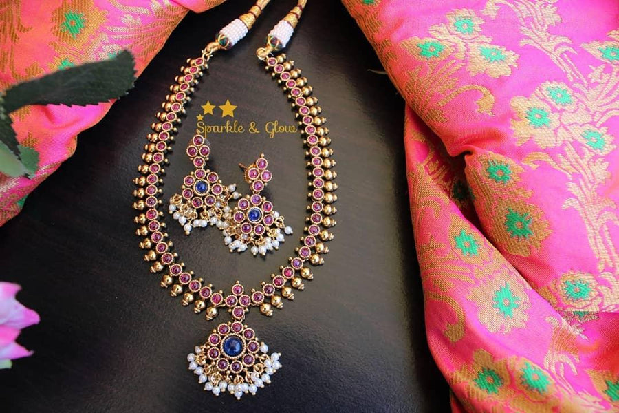 Gold alike kemp adigai with gold drops- White - Sparkle and Glow