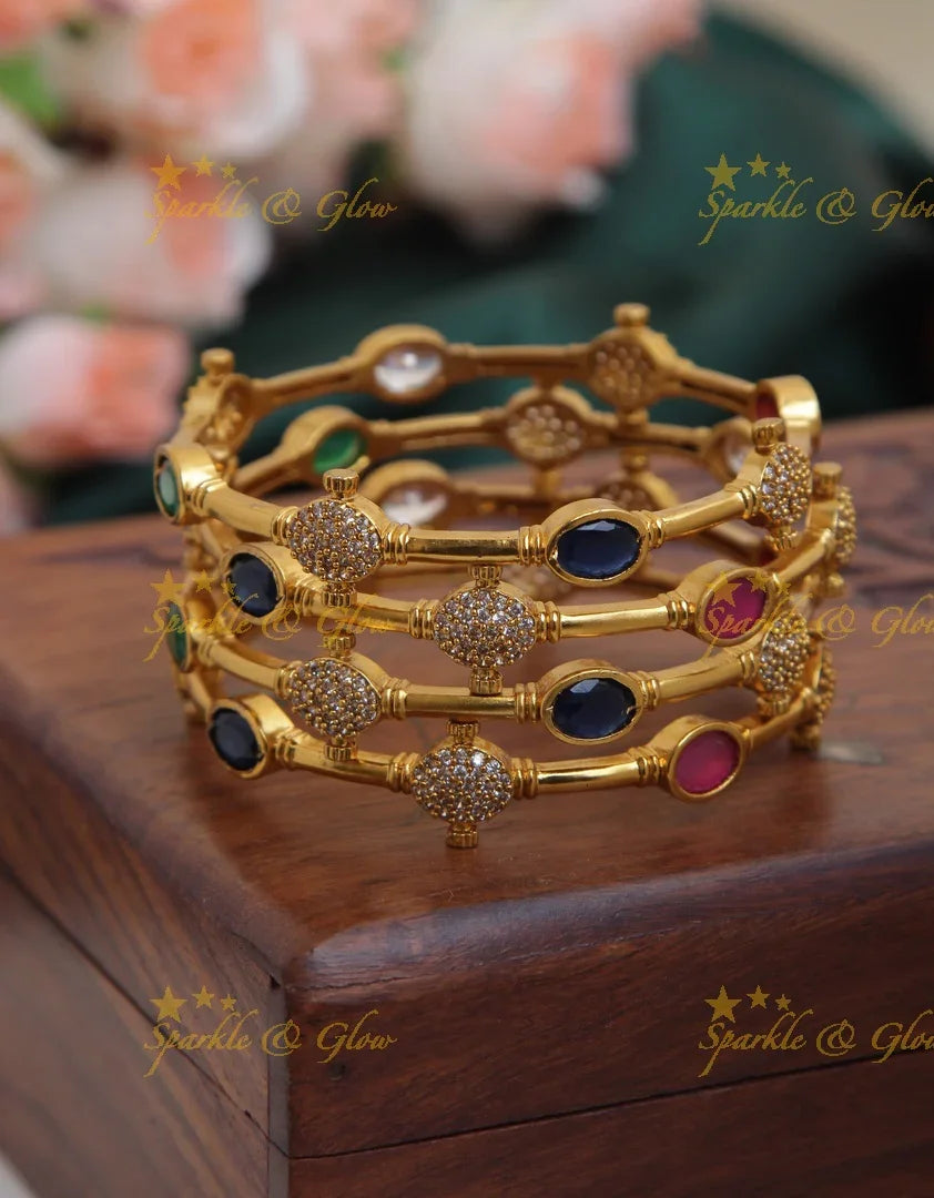 Premium Matte thin stone Bangles set of four - Sparkle and Glow