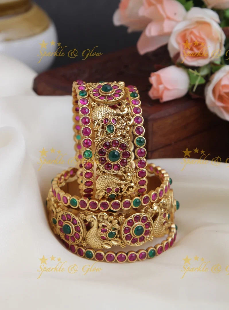 Gold alike antique Peacock carving kemp set of 6 bangles - Sparkle and Glow