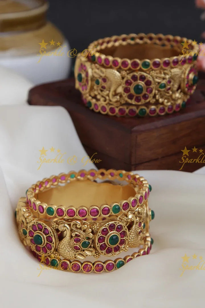 Gold alike antique Peacock carving kemp set of 6 bangles - Sparkle and Glow