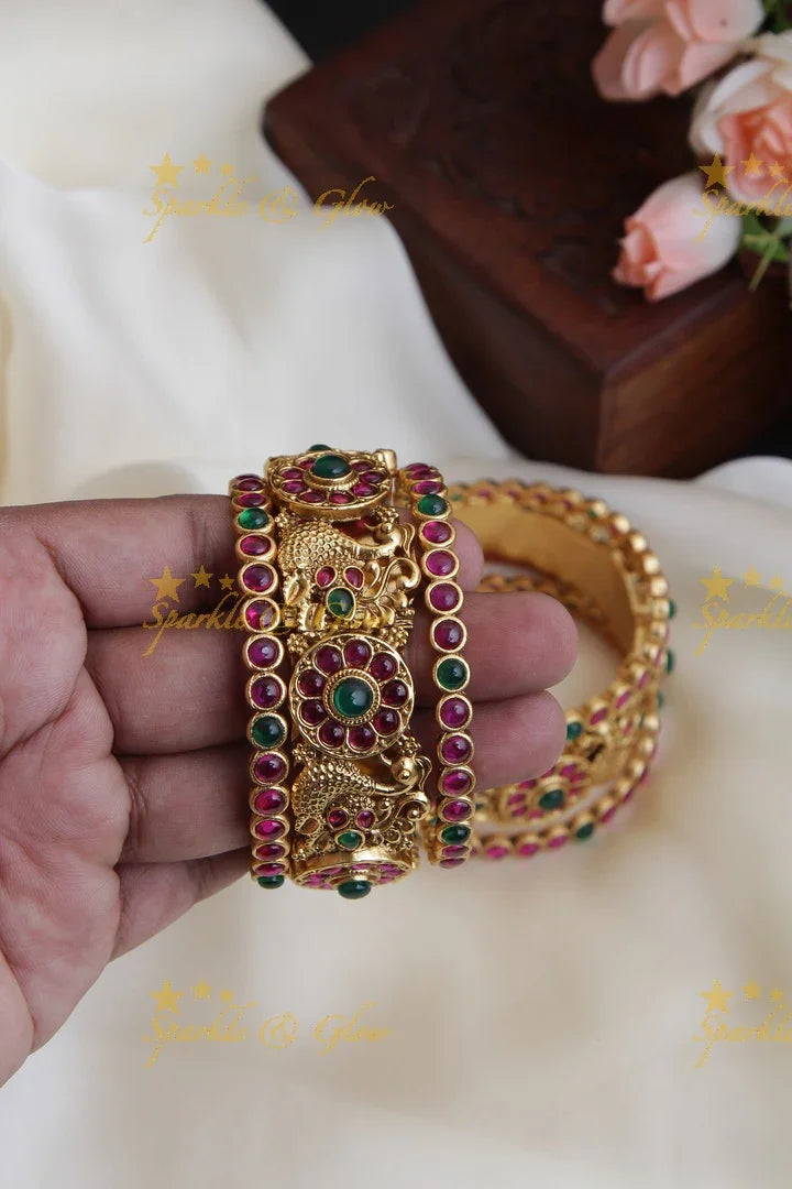 Gold alike antique Peacock carving kemp set of 6 bangles - Sparkle and Glow