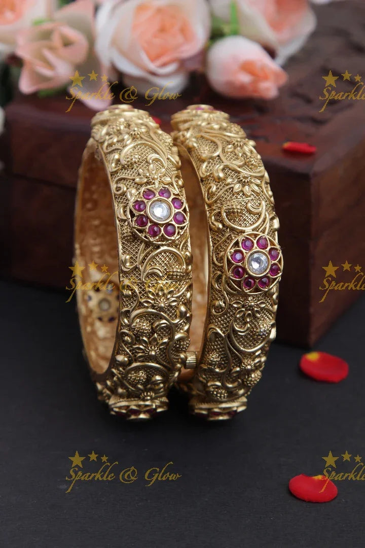 Gold alike antique intricate floral carving kada with stones screw type a pair- 2.4 - Sparkle and Glow