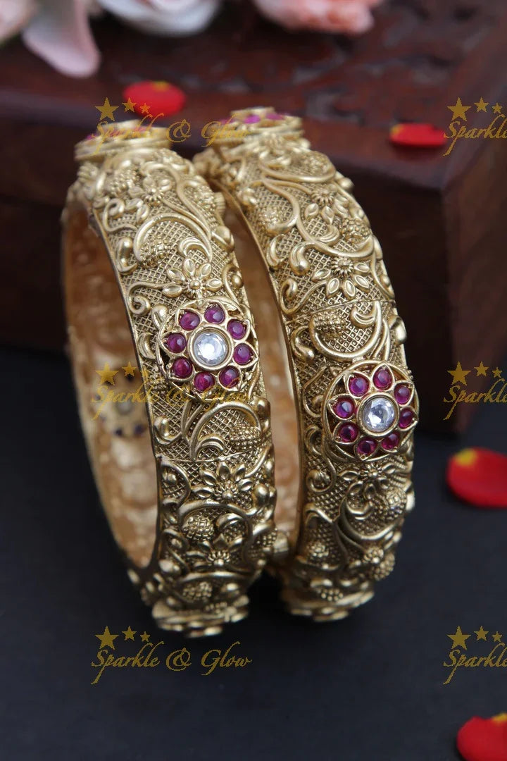 Gold alike antique intricate floral carving kada with stones screw type a pair- 2.4 - Sparkle and Glow
