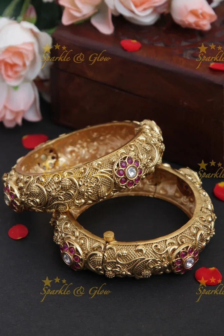 Gold alike antique intricate floral carving kada with stones screw type a pair- 2.4 - Sparkle and Glow