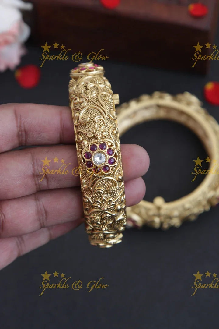 Gold alike antique intricate floral carving kada with stones screw type a pair- 2.4 - Sparkle and Glow